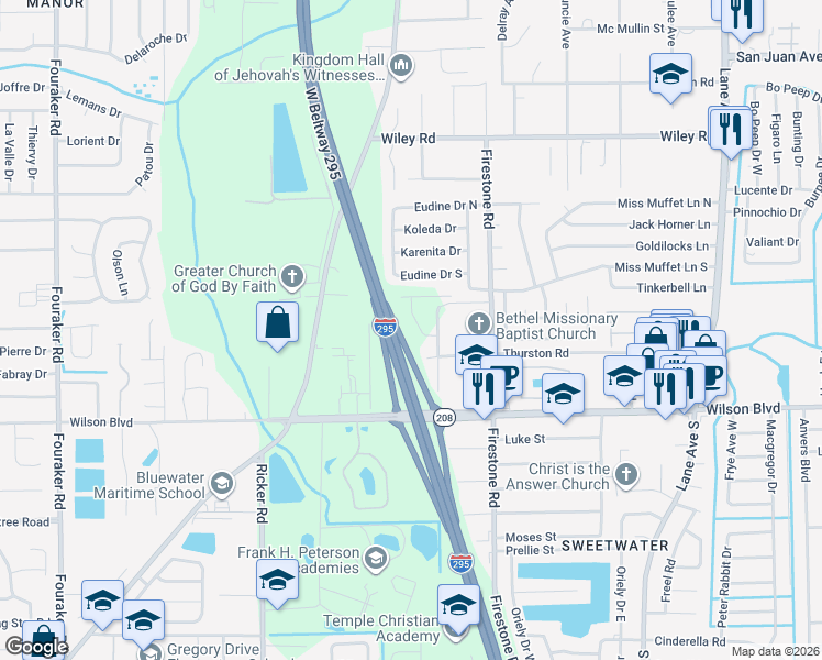map of restaurants, bars, coffee shops, grocery stores, and more near West Beltway 295 in Jacksonville
