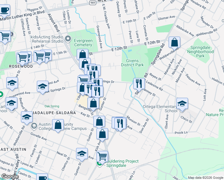 map of restaurants, bars, coffee shops, grocery stores, and more near 1147 3/4 Gunter Street in Austin
