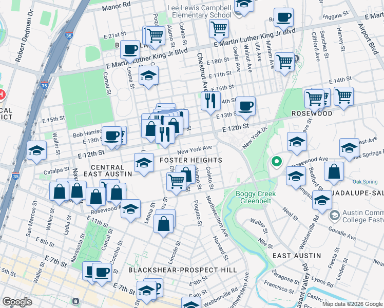 map of restaurants, bars, coffee shops, grocery stores, and more near 2101 New York Avenue in Austin