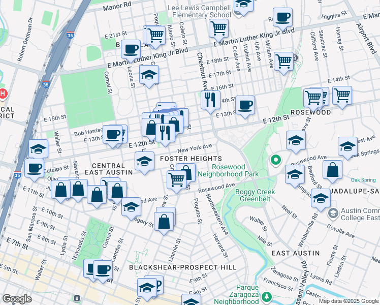 map of restaurants, bars, coffee shops, grocery stores, and more near 2101 New York Avenue in Austin