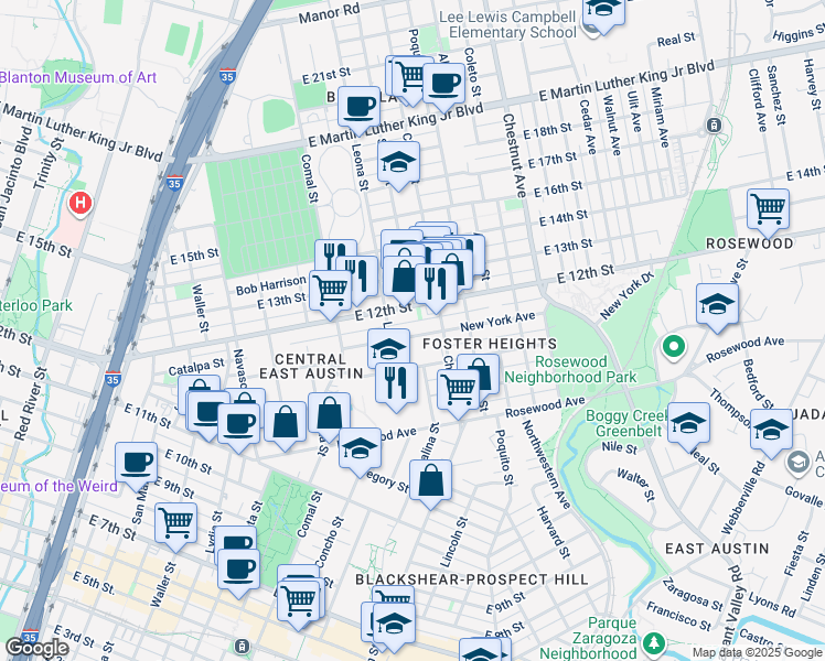 map of restaurants, bars, coffee shops, grocery stores, and more near 1802 New York Avenue in Austin