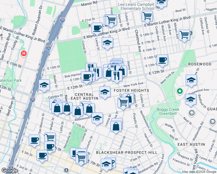 map of restaurants, bars, coffee shops, grocery stores, and more near 1615 East 12th Street in Austin