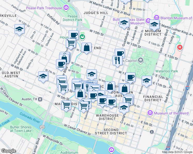map of restaurants, bars, coffee shops, grocery stores, and more near 904 Nueces Street in Austin