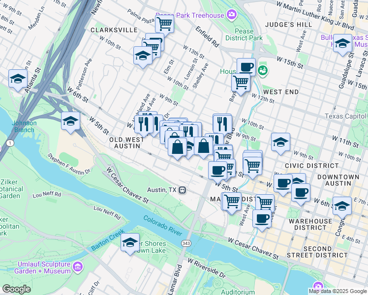 map of restaurants, bars, coffee shops, grocery stores, and more near 1200 West 6th Street in Austin