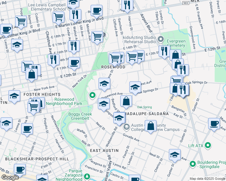 map of restaurants, bars, coffee shops, grocery stores, and more near 1170 Bedford Street in Austin