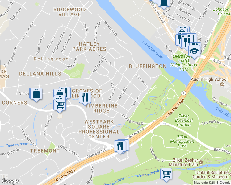 map of restaurants, bars, coffee shops, grocery stores, and more near 401 Inwood Road in Rollingwood