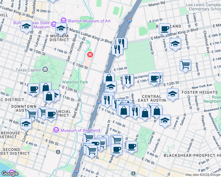 map of restaurants, bars, coffee shops, grocery stores, and more near 813 1/2 East 13th Street in Austin
