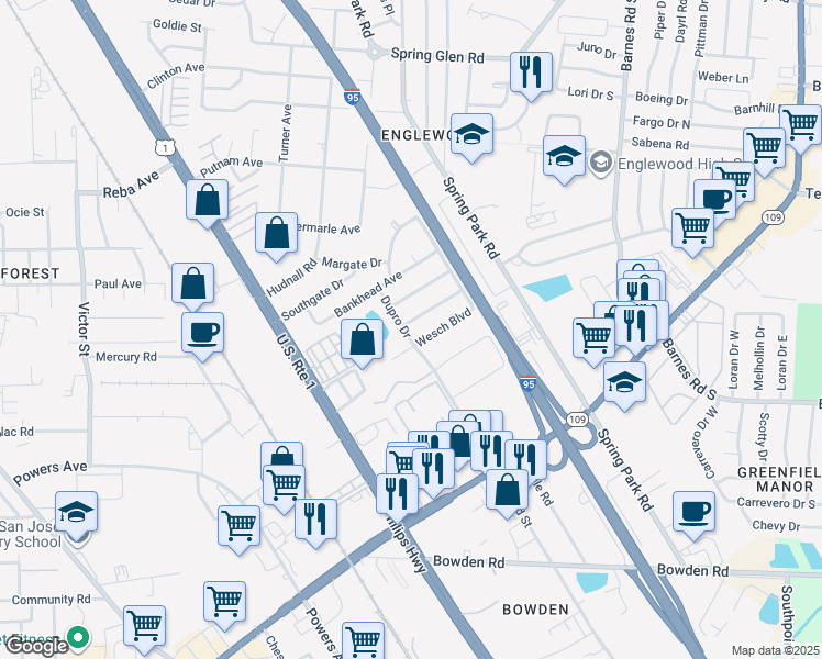 map of restaurants, bars, coffee shops, grocery stores, and more near 4756 Lynbrook Drive in Jacksonville