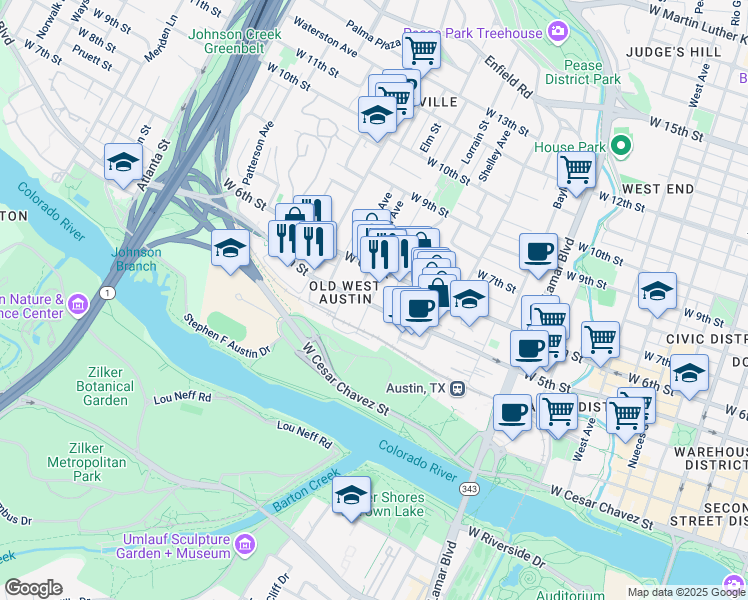 map of restaurants, bars, coffee shops, grocery stores, and more near 507 Pressler Street in Austin