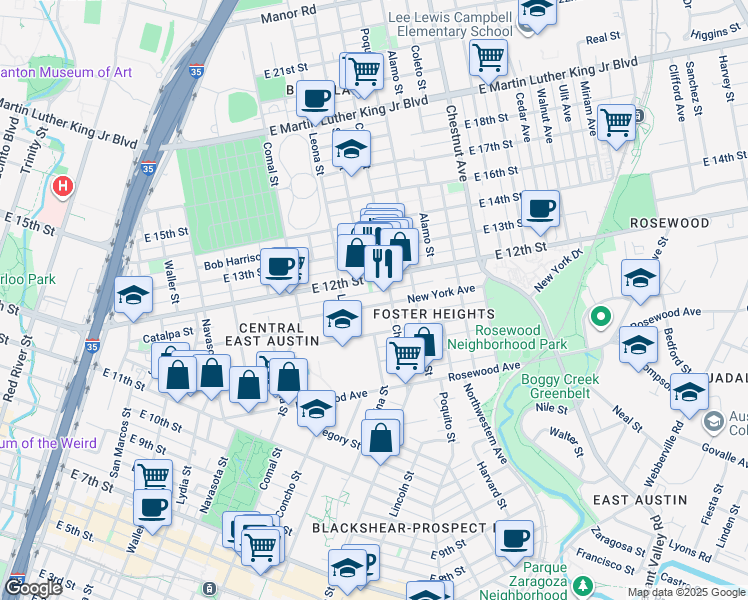 map of restaurants, bars, coffee shops, grocery stores, and more near 1802 New York Avenue in Austin