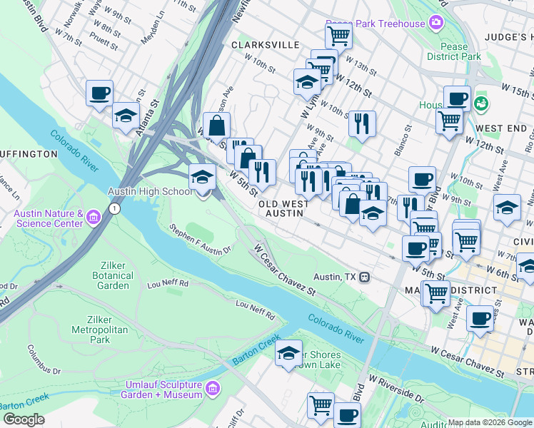 map of restaurants, bars, coffee shops, grocery stores, and more near 1515 West 5th Street in Austin