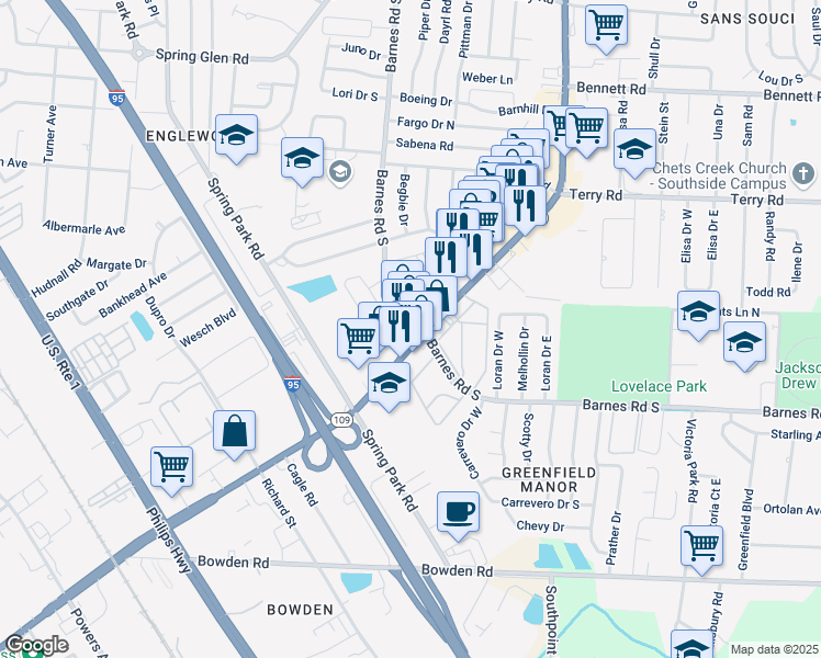map of restaurants, bars, coffee shops, grocery stores, and more near 5675 University Boulevard West in Jacksonville