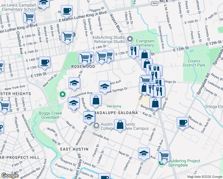 map of restaurants, bars, coffee shops, grocery stores, and more near 2712 Oak Springs Drive in Austin