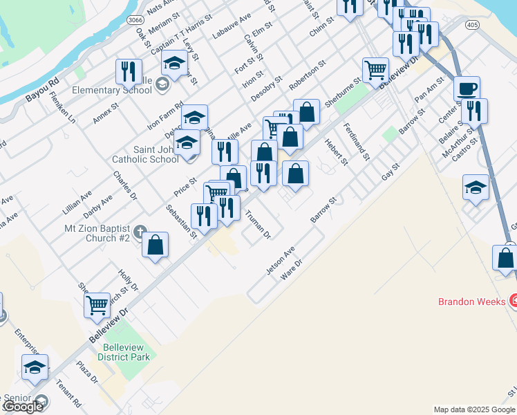 map of restaurants, bars, coffee shops, grocery stores, and more near 24630 Eisenhower Drive in Plaquemine
