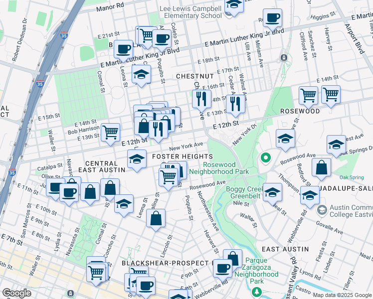 map of restaurants, bars, coffee shops, grocery stores, and more near 2101 New York Avenue in Austin