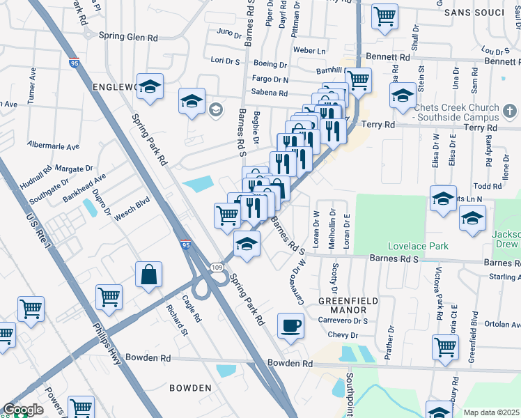 map of restaurants, bars, coffee shops, grocery stores, and more near 5675 University Boulevard West in Jacksonville
