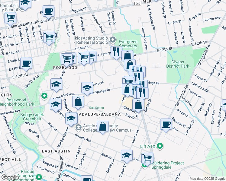 map of restaurants, bars, coffee shops, grocery stores, and more near 122 Oak Springs Drive in Austin