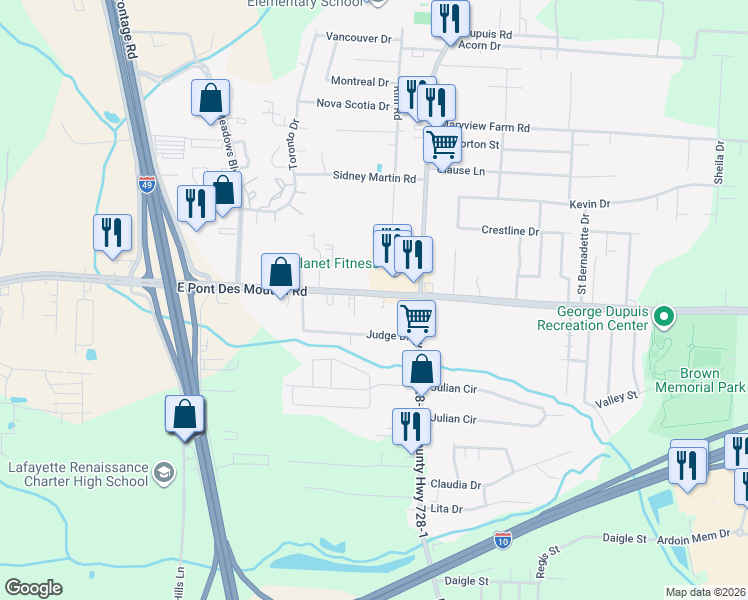 map of restaurants, bars, coffee shops, grocery stores, and more near 428 East Pont Des Mouton Road in Lafayette