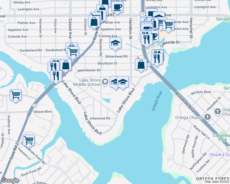 map of restaurants, bars, coffee shops, grocery stores, and more near 2519 Bayview Road in Jacksonville