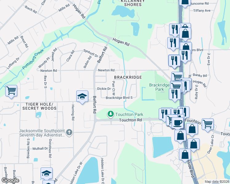 map of restaurants, bars, coffee shops, grocery stores, and more near 8274 Dickie Drive in Jacksonville