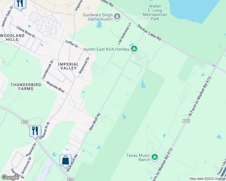 map of restaurants, bars, coffee shops, grocery stores, and more near 5511 Blue Bluff Road in Austin