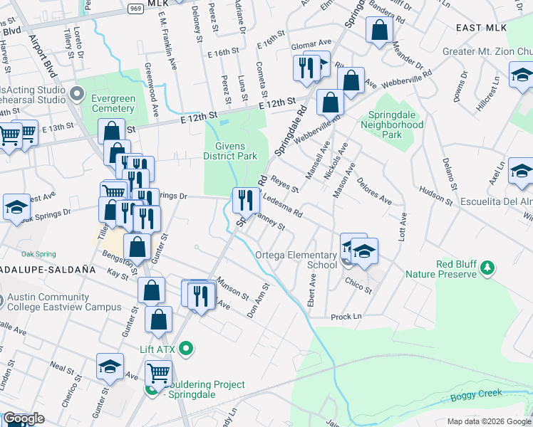 map of restaurants, bars, coffee shops, grocery stores, and more near 4707 Ledesma Road in Austin