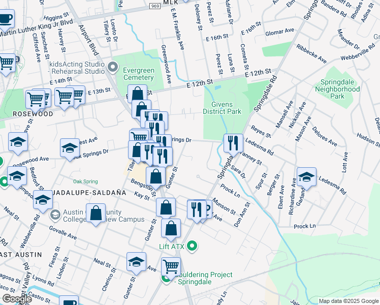 map of restaurants, bars, coffee shops, grocery stores, and more near 1147 3/4 Gunter Street in Austin