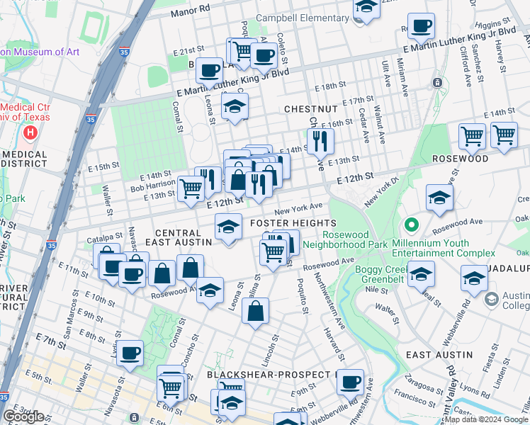 map of restaurants, bars, coffee shops, grocery stores, and more near 1906 New York Avenue in Austin