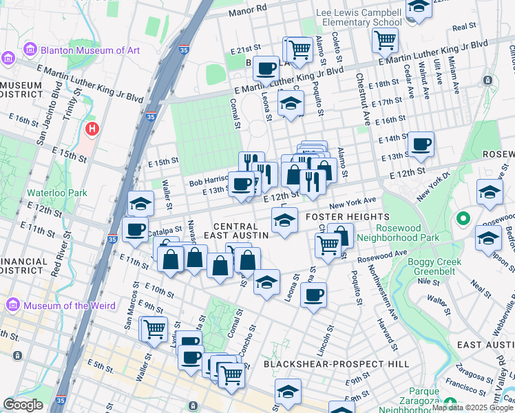map of restaurants, bars, coffee shops, grocery stores, and more near 1501 East 12th Street in Austin
