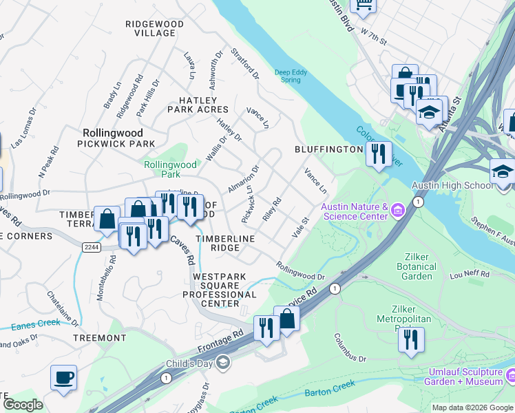 map of restaurants, bars, coffee shops, grocery stores, and more near 401 Inwood Road in Rollingwood