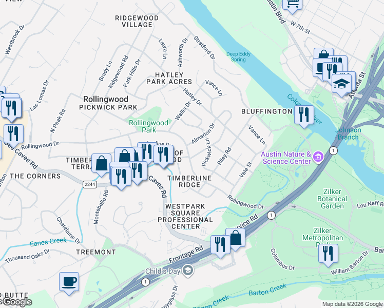 map of restaurants, bars, coffee shops, grocery stores, and more near 404 Inwood Road in Austin
