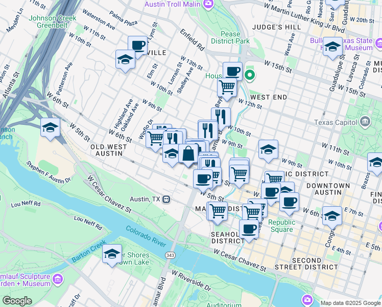map of restaurants, bars, coffee shops, grocery stores, and more near 608 Baylor Street in Austin
