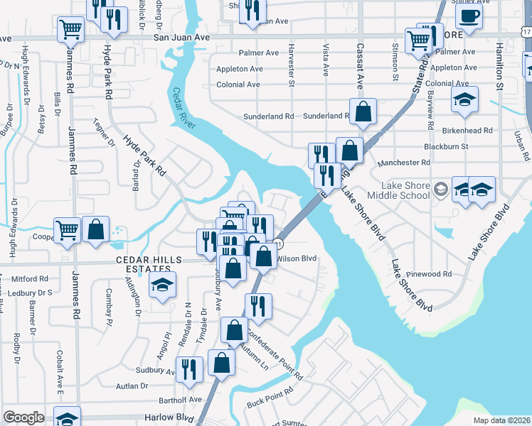 map of restaurants, bars, coffee shops, grocery stores, and more near 2460 Ormsby Circle East in Jacksonville