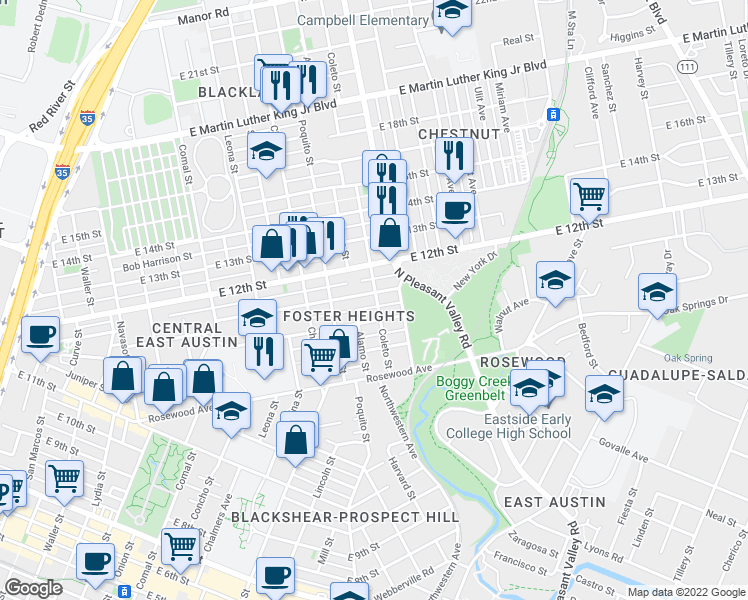 map of restaurants, bars, coffee shops, grocery stores, and more near 1188 Coleto Street in Austin