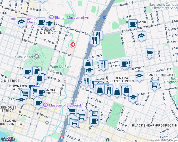 map of restaurants, bars, coffee shops, grocery stores, and more near 813 1/2 East 13th Street in Austin