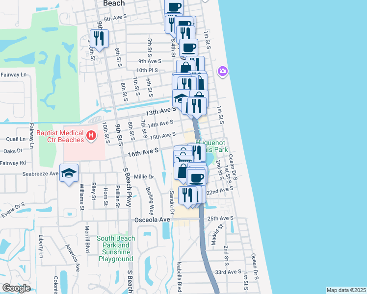map of restaurants, bars, coffee shops, grocery stores, and more near 400 16th Avenue South in Jacksonville Beach
