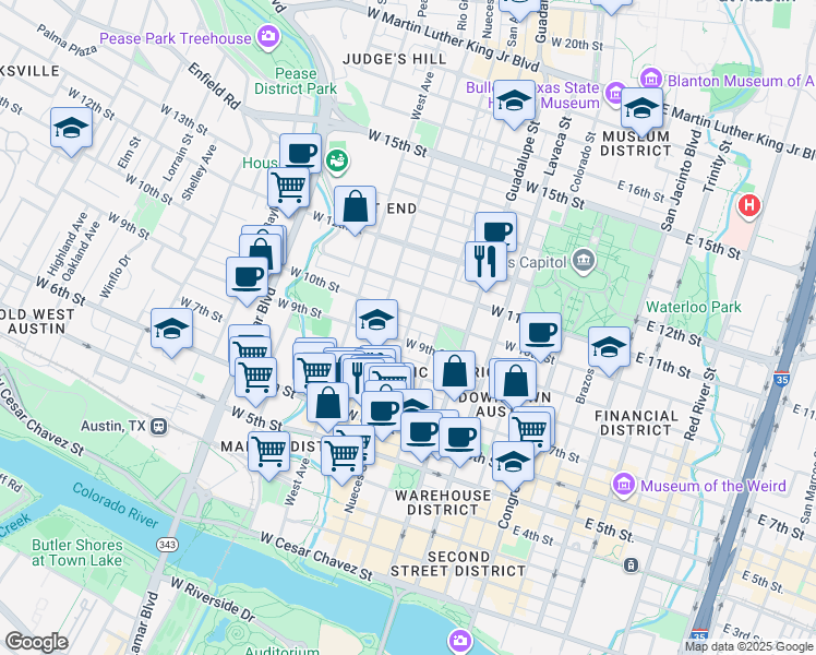 map of restaurants, bars, coffee shops, grocery stores, and more near 904 Nueces Street in Austin