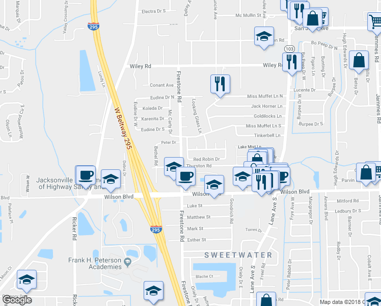 map of restaurants, bars, coffee shops, grocery stores, and more near 7056 Christopher Robin Drive in Jacksonville
