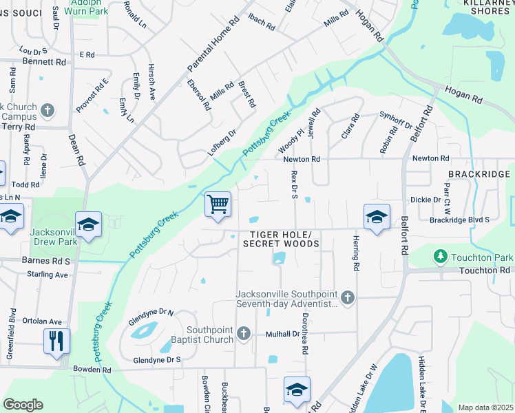 map of restaurants, bars, coffee shops, grocery stores, and more near 7646 Hilsdale Harbor Court in Jacksonville