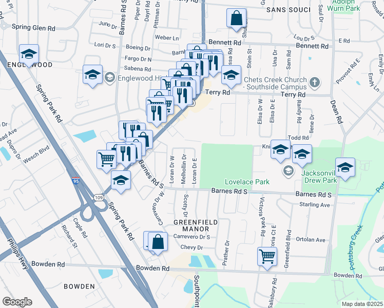 map of restaurants, bars, coffee shops, grocery stores, and more near 2822 Loran Drive East in Jacksonville