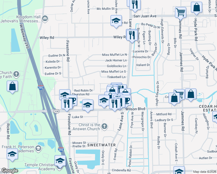 map of restaurants, bars, coffee shops, grocery stores, and more near 6865 Misty View Drive in Jacksonville