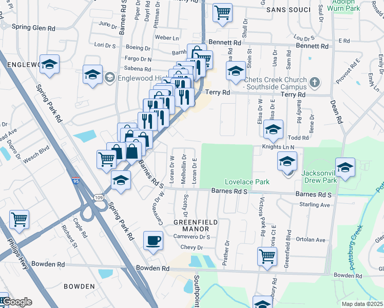 map of restaurants, bars, coffee shops, grocery stores, and more near 2822 Loran Drive East in Jacksonville