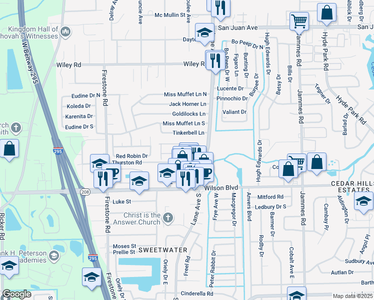 map of restaurants, bars, coffee shops, grocery stores, and more near 6813 Misty View Drive in Jacksonville