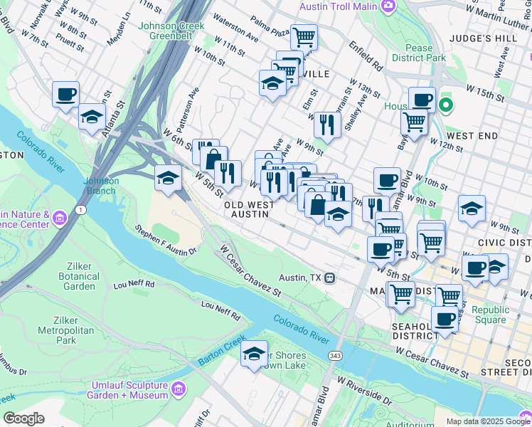 map of restaurants, bars, coffee shops, grocery stores, and more near 1400 West 5th Street in Austin