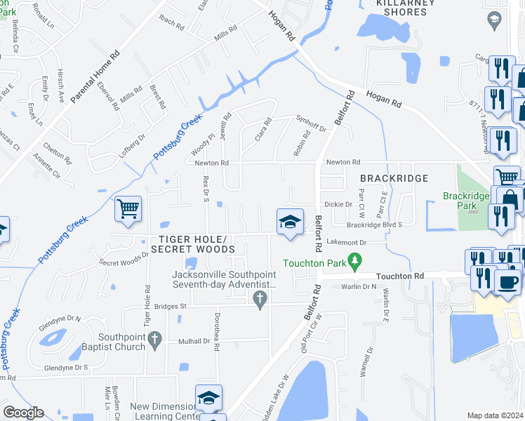 map of restaurants, bars, coffee shops, grocery stores, and more near 2957 Hill Valley Lane in Jacksonville