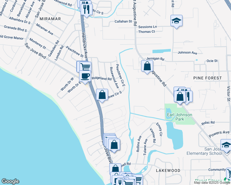 map of restaurants, bars, coffee shops, grocery stores, and more near 4589 Birchwood Avenue in Jacksonville
