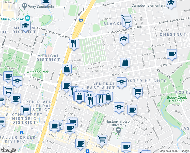 map of restaurants, bars, coffee shops, grocery stores, and more near 1300 East 12th Street in Austin