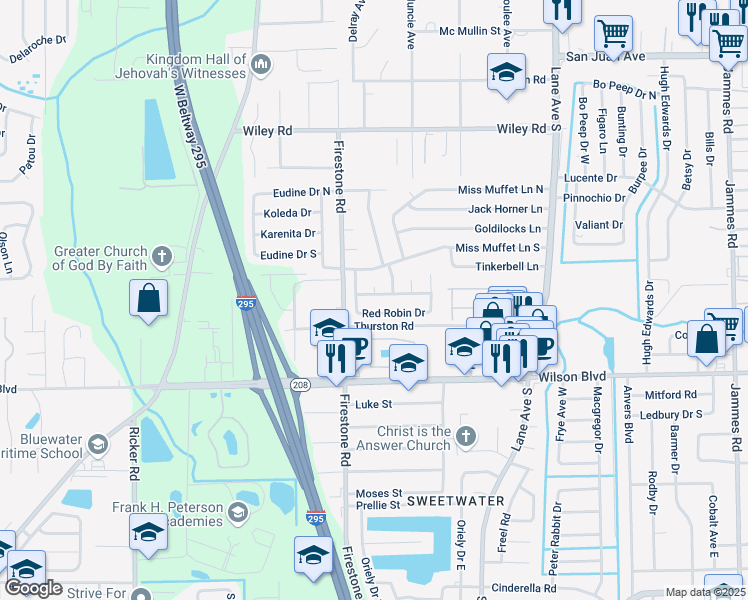 map of restaurants, bars, coffee shops, grocery stores, and more near 7036 Christopher Robin Drive in Jacksonville