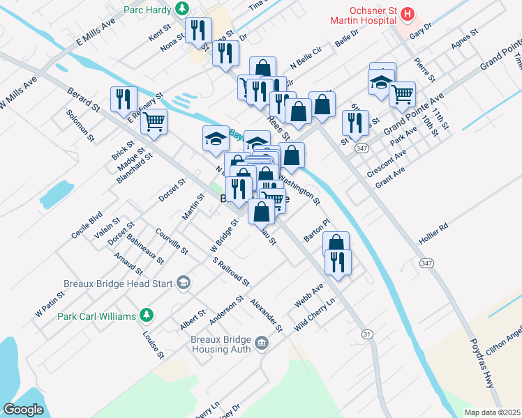 map of restaurants, bars, coffee shops, grocery stores, and more near 130 South Main Street in Breaux Bridge