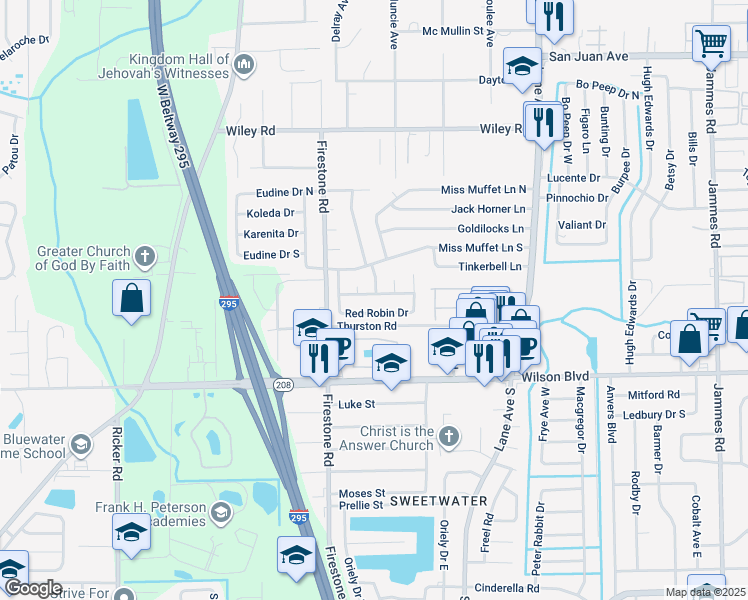 map of restaurants, bars, coffee shops, grocery stores, and more near 6958 Christopher Robin Drive in Jacksonville